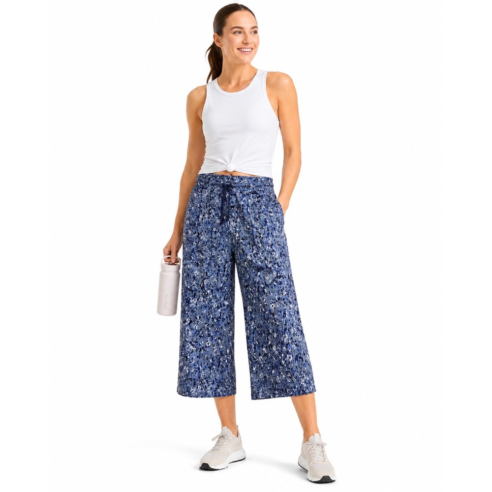 Athleta Avenue Wide Leg Crop Pant Size 2 Blue Abstract Leopard Print Drawstring